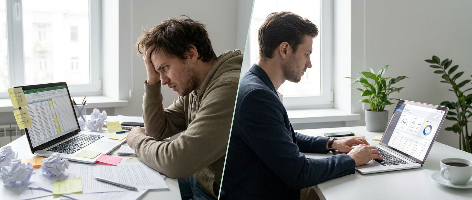 On the left, somebody buried in spreadsheets and sticky notes. On the right, the same job on one clean screen.