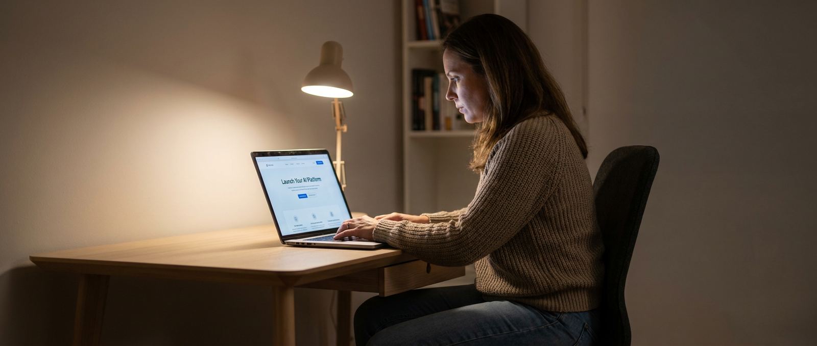 A woman at a wooden desk in the evening, building a web page on a laptop.