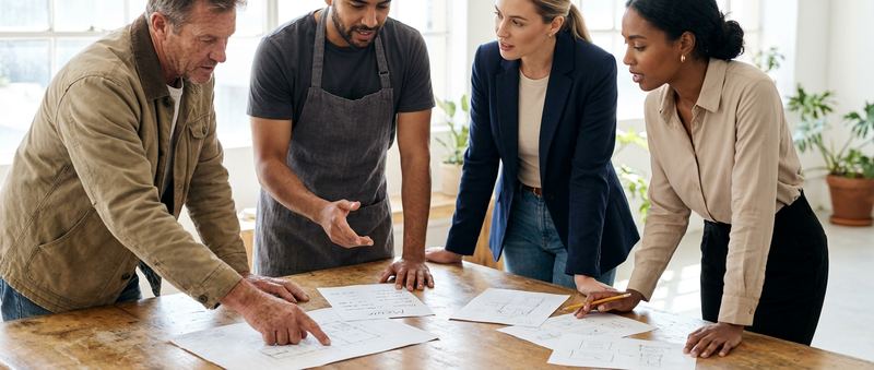 Vier Leute an einem Tisch, ein Handwerker, eine Restaurantbesitzerin, ein Berater und eine Freelancerin, über Skizzen im Gespräch.
