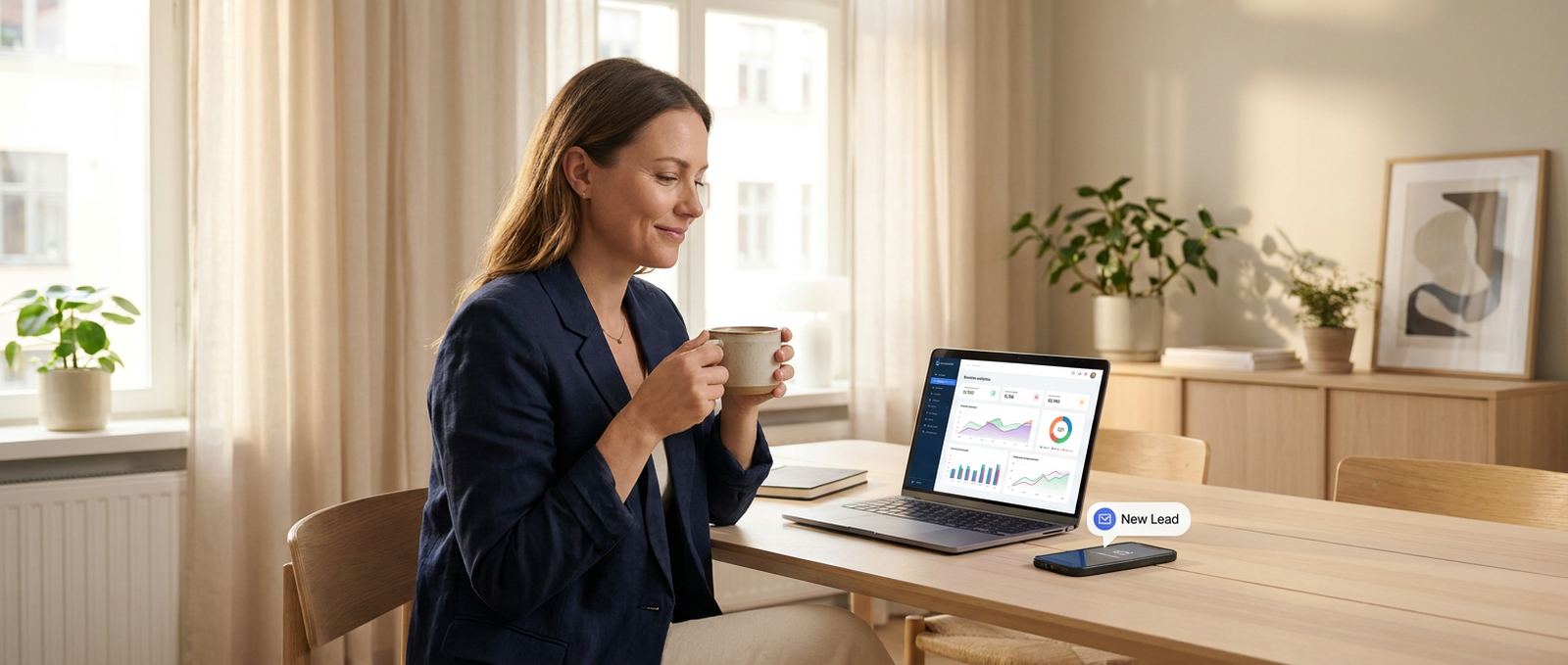 A woman with a coffee in morning light, a dashboard open and a new enquiry arriving on her phone.