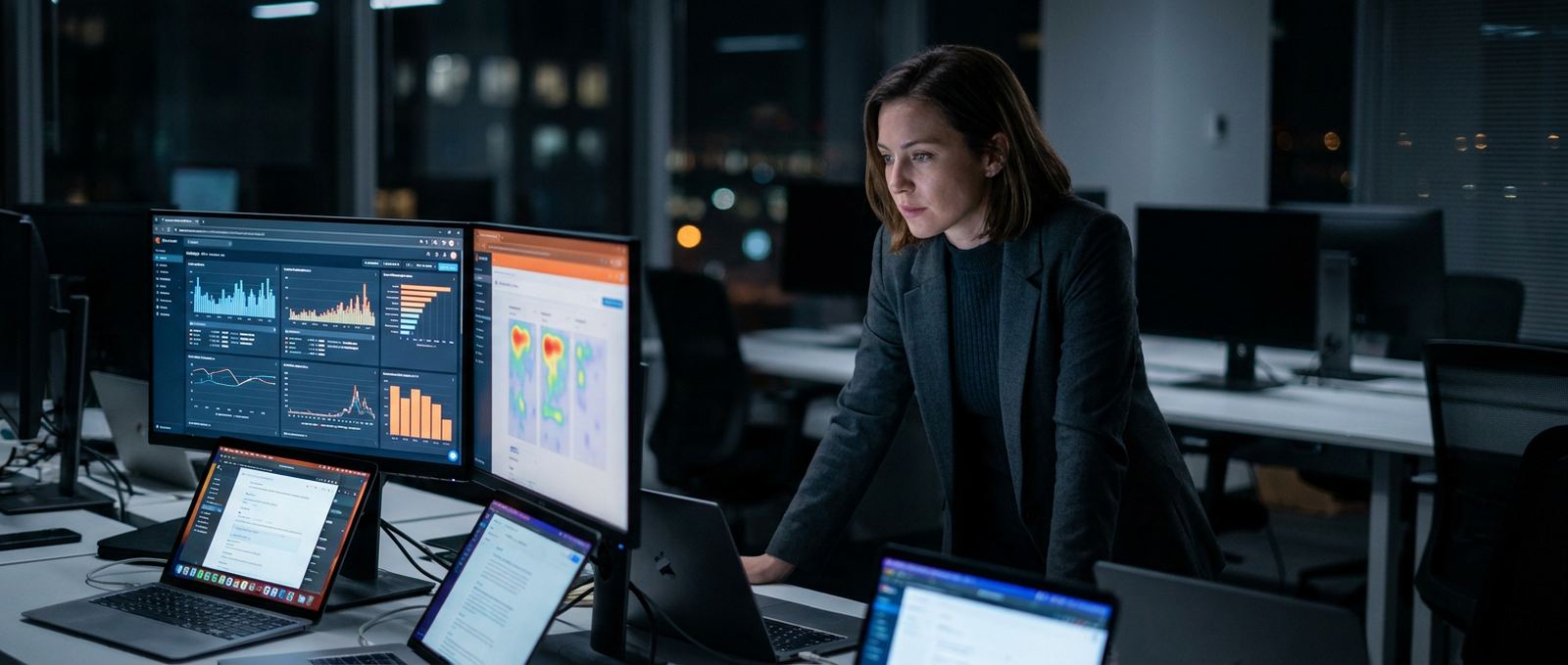Somebody standing at a desk of screens at night, reading what the numbers are doing.